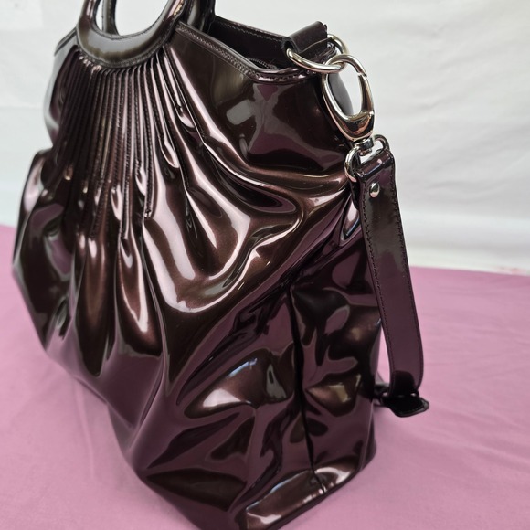 Beijo Luxe Metallic Bronze Patent Pleated Satchel Handbag Crossbody Bag Large - Picture 7 of 16